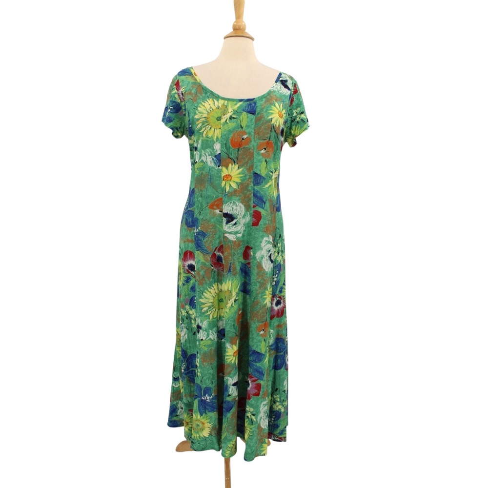 Vintage Jams World Maxi Dress Large Green Floral Tie‎ Back Tropical Hawaiian
